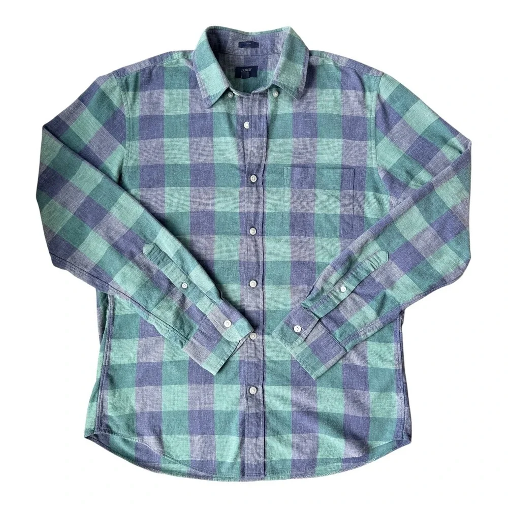 J.Crew Men's Slim Homespun Navy Green Plaid Cotton Button Down Shirt Medium